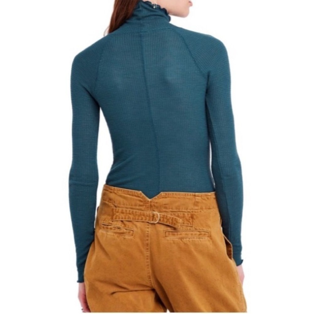 Intimately Free People Make It Easy Waffle Knit Lettuce Hem Thermal Top in Teal - Picture 3 of 8